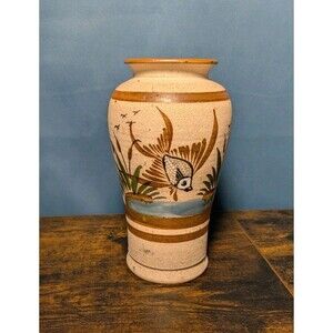 Tonala Pottery Hand Painted Vase Mexico Fish Birds Cattails Brown